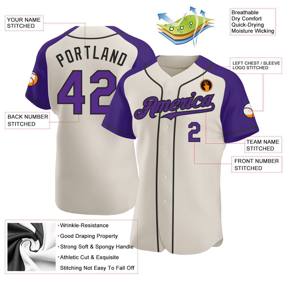Custom Cream Purple-Black Authentic Raglan Sleeves Baseball Jersey view 3