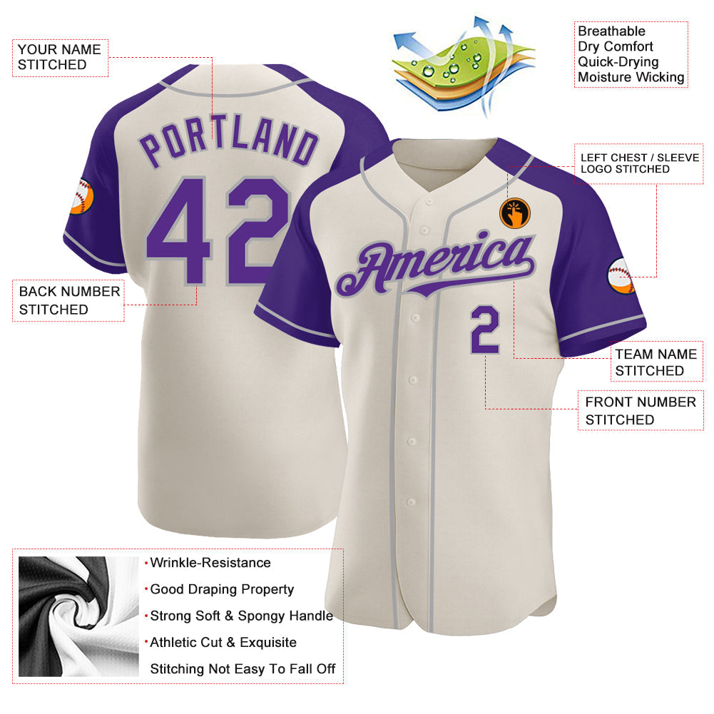 Custom Cream Purple-Gray Authentic Raglan Sleeves Baseball Jersey view 3