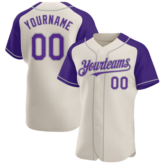 Custom Cream Purple-Gray Authentic Raglan Sleeves Baseball Jersey - Main View