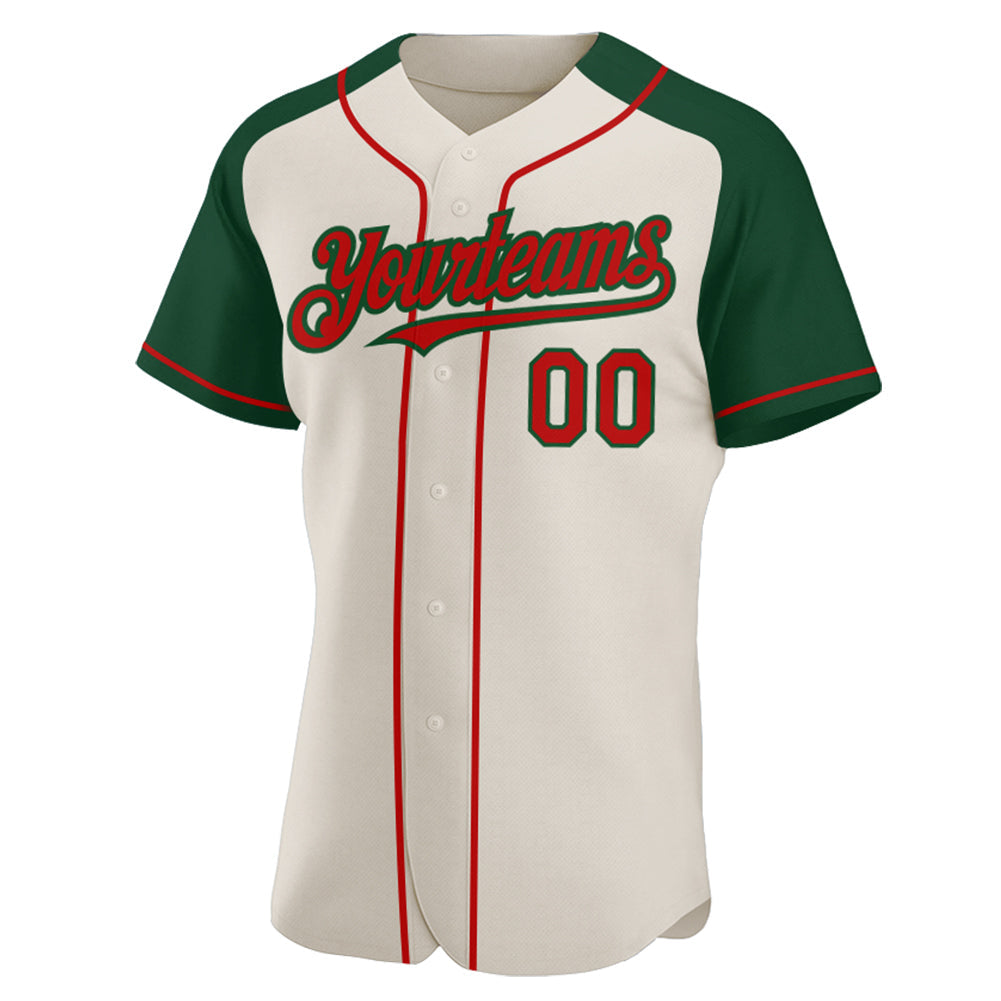 Custom Cream Red-Green Authentic Raglan Sleeves Baseball Jersey view 2