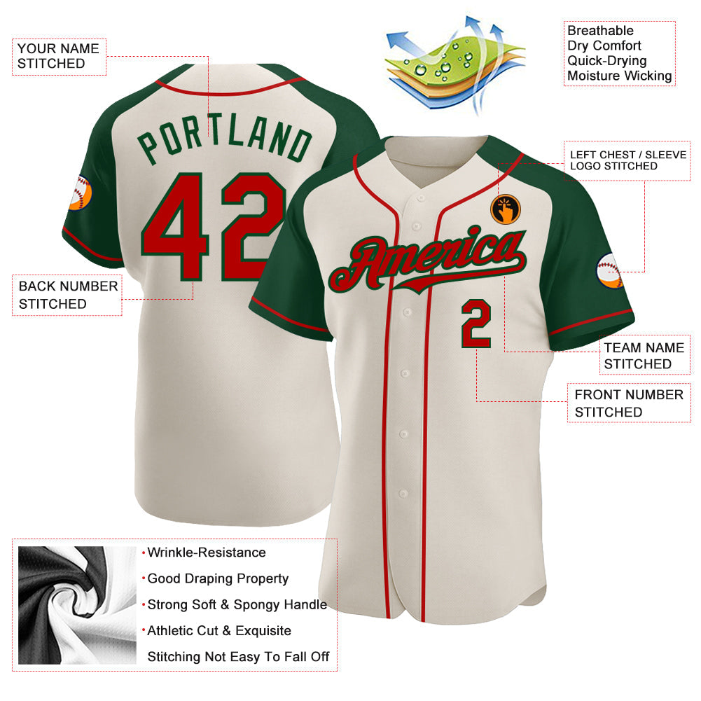 Custom Cream Red-Green Authentic Raglan Sleeves Baseball Jersey view 3