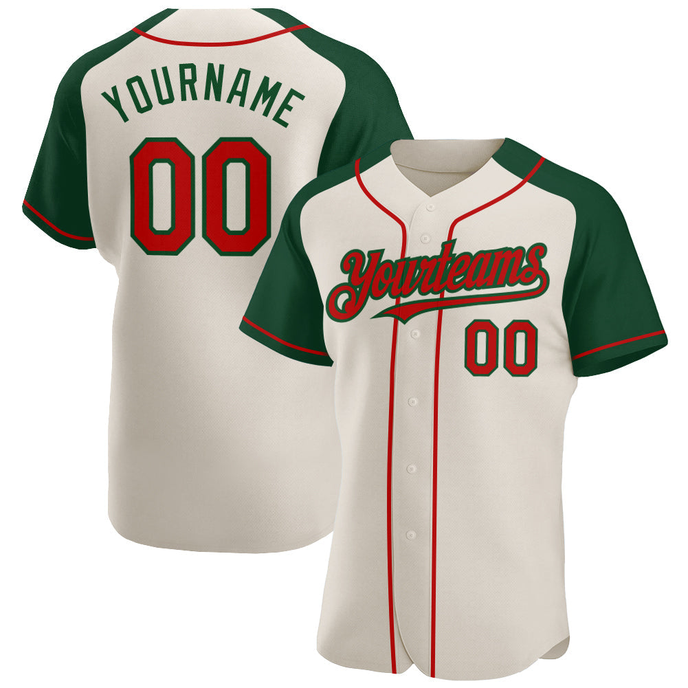 Custom Cream Red-Green Authentic Raglan Sleeves Baseball Jersey - Main View