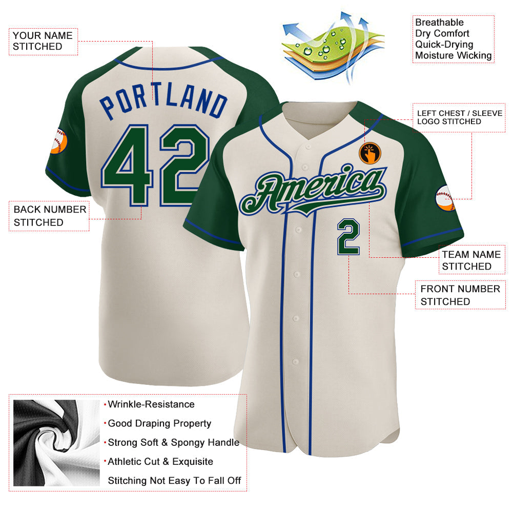 Custom Cream Green-Royal Authentic Raglan Sleeves Baseball Jersey view 3