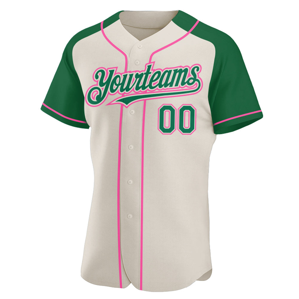 Custom Cream Kelly Green-Pink Authentic Raglan Sleeves Baseball Jersey view 2