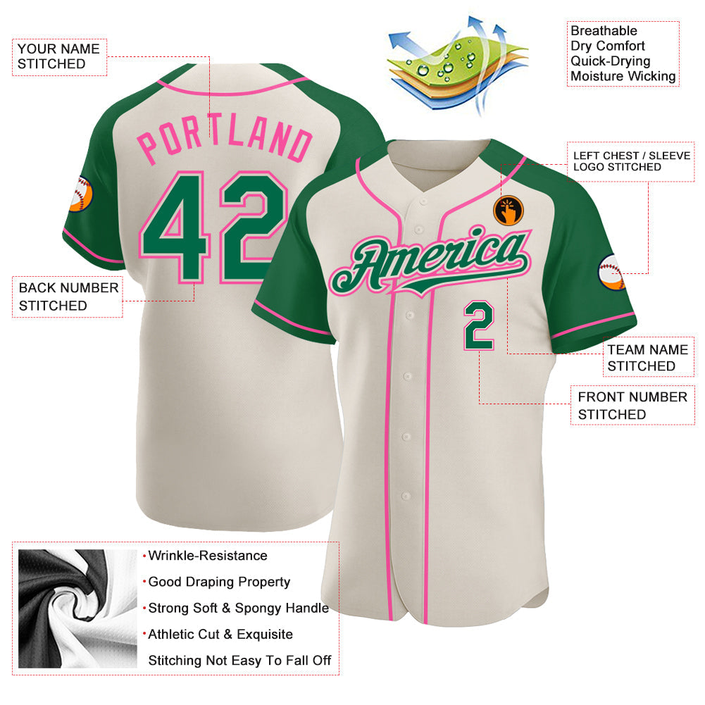 Custom Cream Kelly Green-Pink Authentic Raglan Sleeves Baseball Jersey view 3