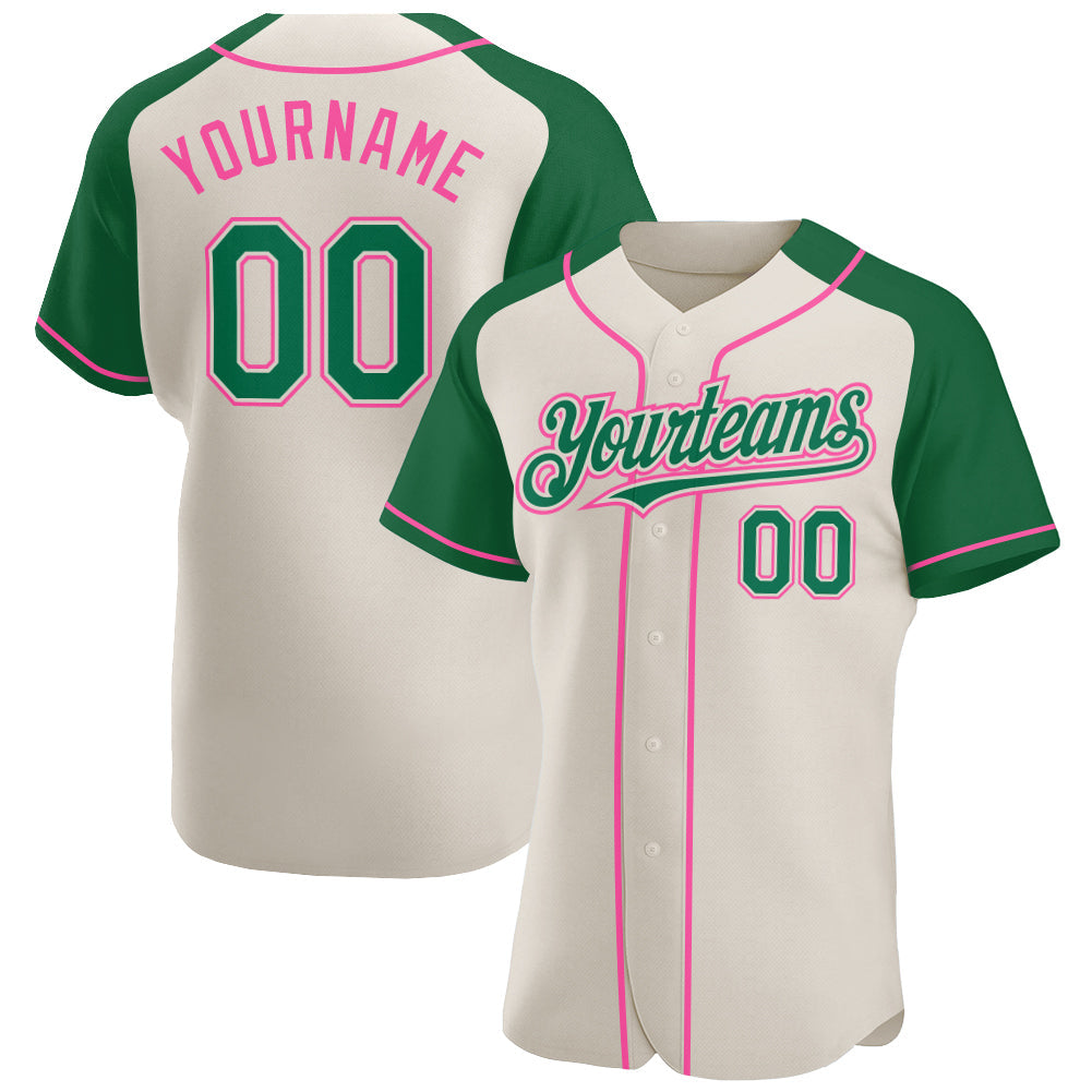 Custom Cream Kelly Green-Pink Authentic Raglan Sleeves Baseball Jersey - Main View