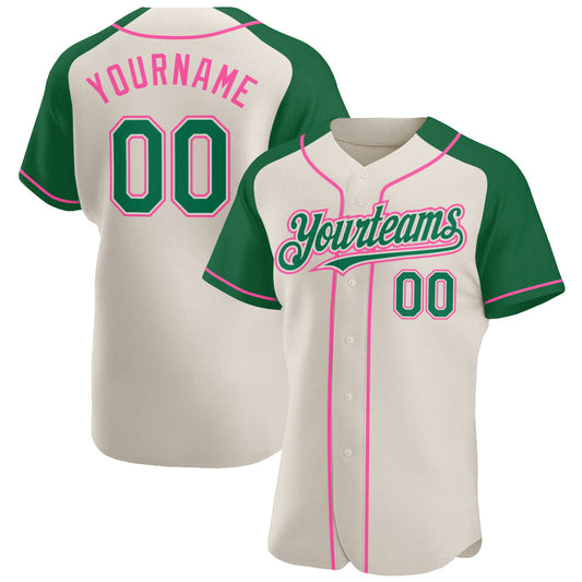 Custom Cream Kelly Green-Pink Authentic Raglan Sleeves Baseball Jersey - Main View