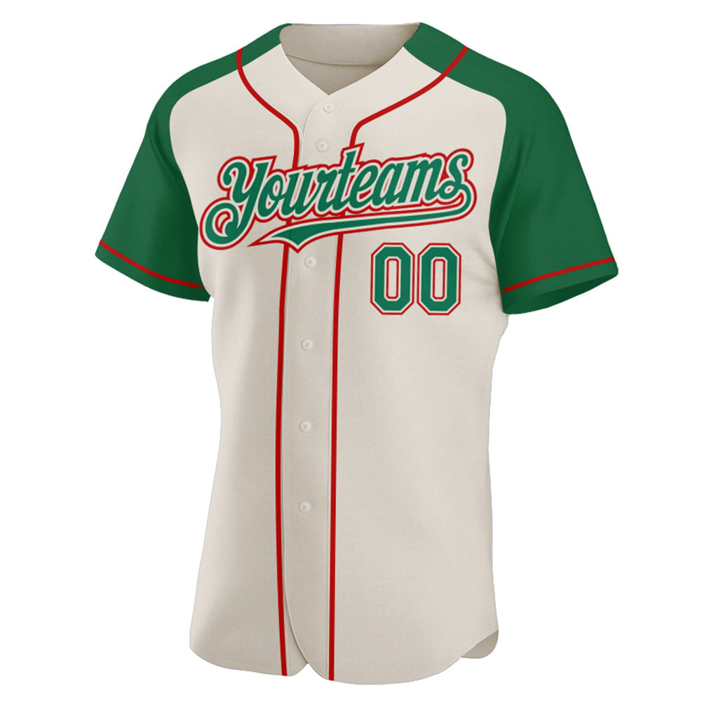 Custom Cream Kelly Green-Red Authentic Raglan Sleeves Baseball Jersey view 2