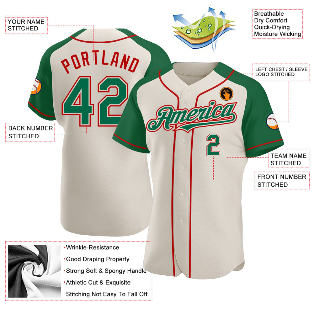 Custom Cream Kelly Green-Red Authentic Raglan Sleeves Baseball Jersey view 3