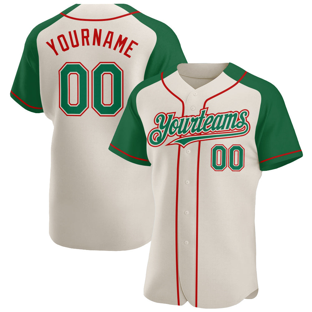 Custom Cream Kelly Green-Red Authentic Raglan Sleeves Baseball Jersey - Main View