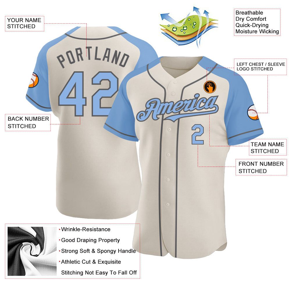 Custom Cream Light Blue-Steel Gray Authentic Raglan Sleeves Baseball Jersey view 3