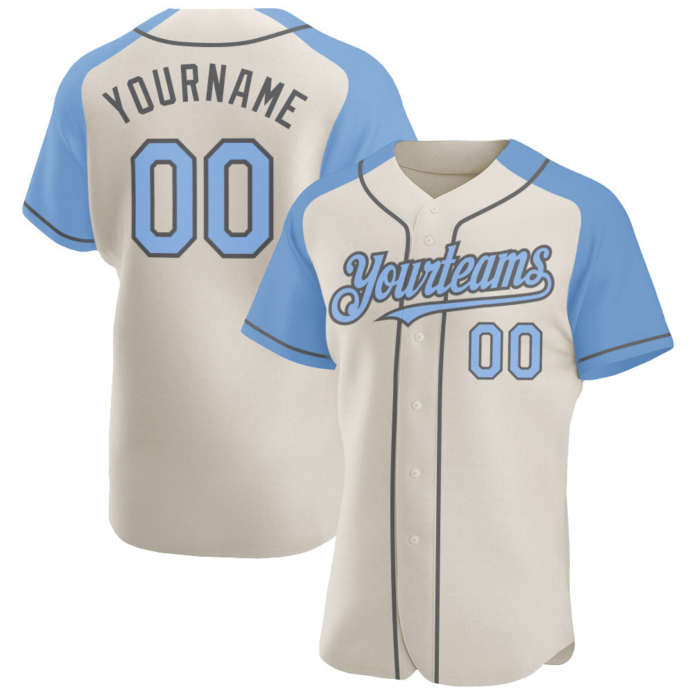 Custom Cream Light Blue-Steel Gray Authentic Raglan Sleeves Baseball Jersey - Main View