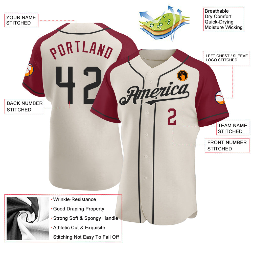 Custom Cream Black-Crimson Authentic Raglan Sleeves Baseball Jersey view 3