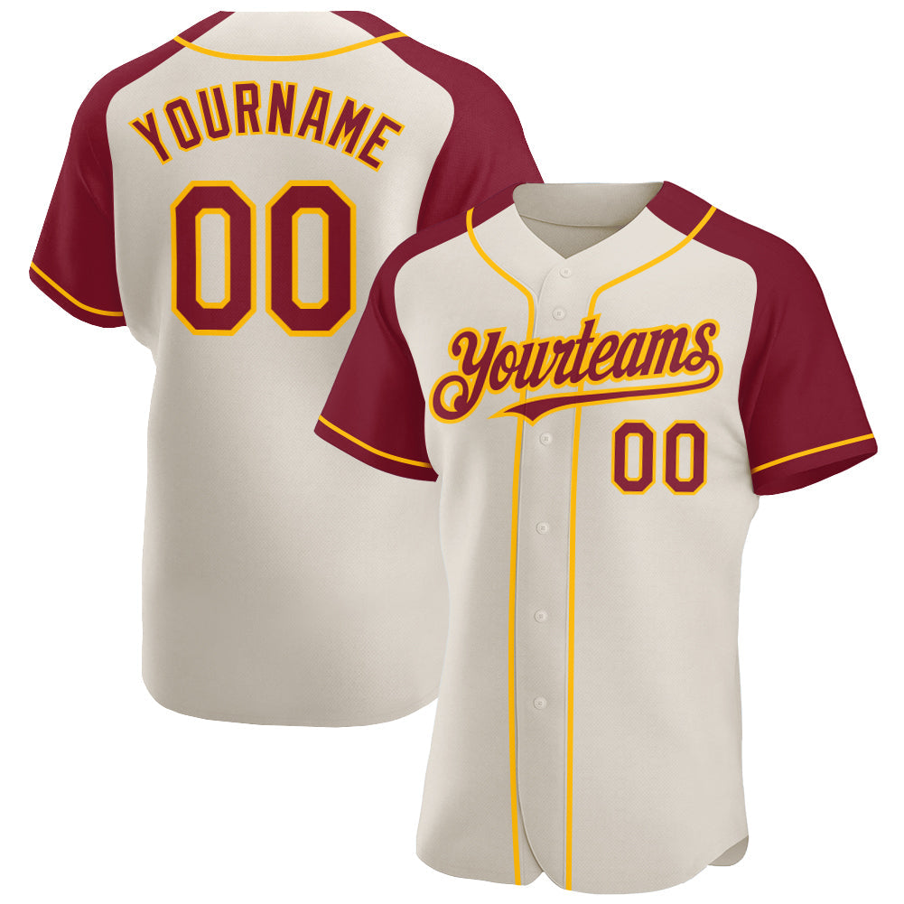 Custom Cream Crimson-Gold Authentic Raglan Sleeves Baseball Jersey - Main View