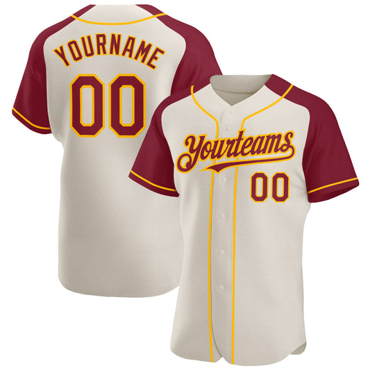 Custom Cream Crimson-Gold Authentic Raglan Sleeves Baseball Jersey - Main View