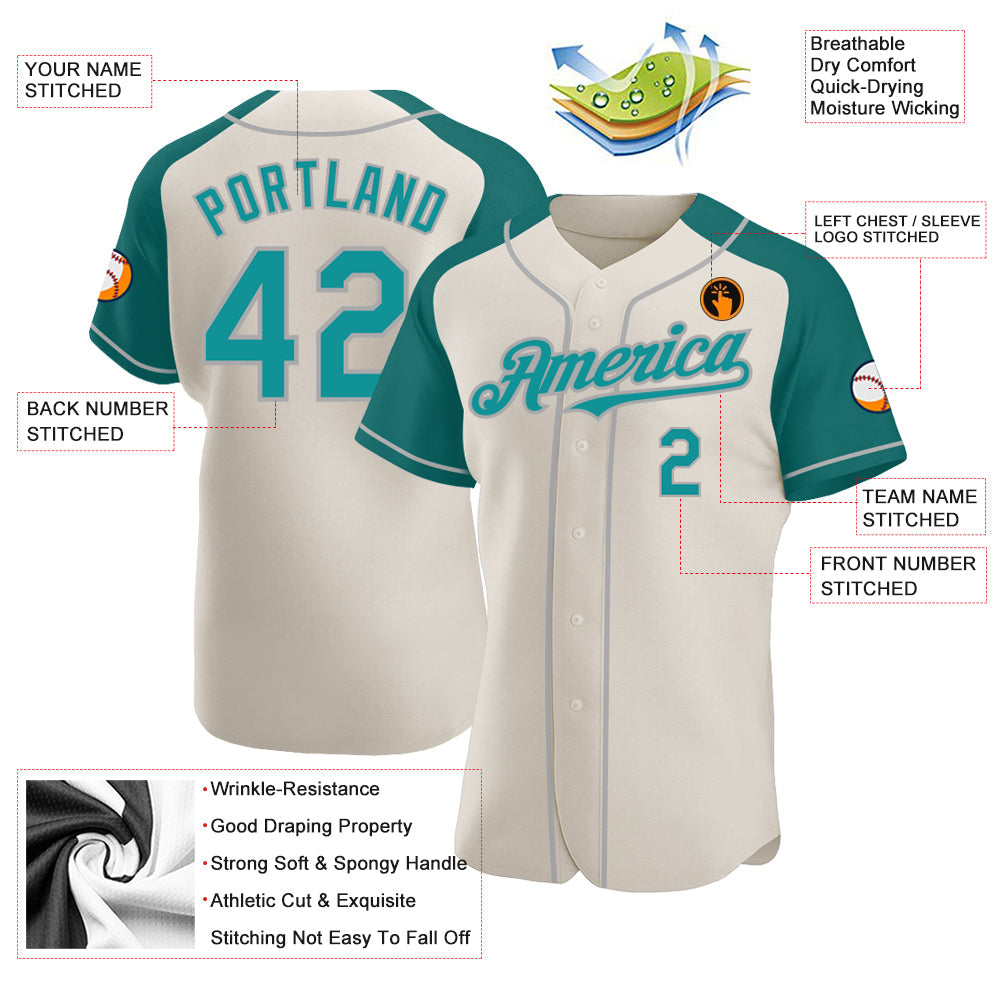 Custom Cream Teal-Gray Authentic Raglan Sleeves Baseball Jersey view 3