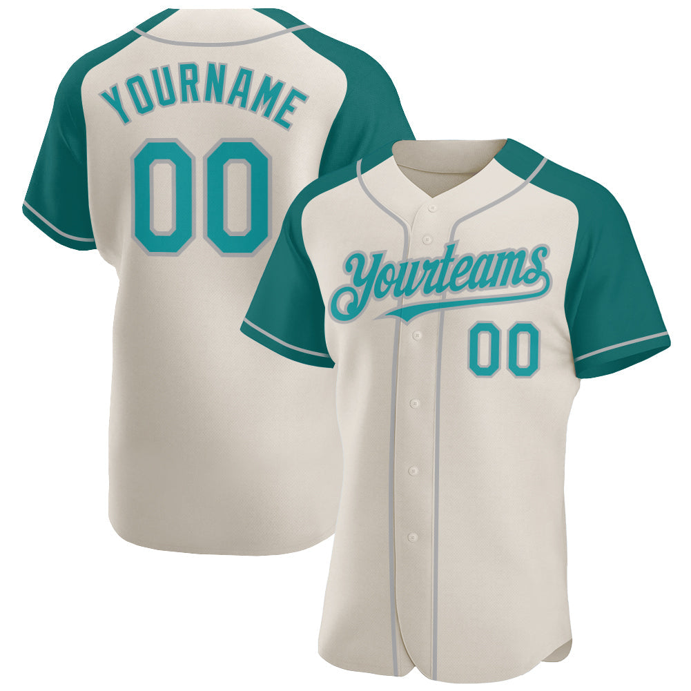 Custom Cream Teal-Gray Authentic Raglan Sleeves Baseball Jersey - Main View