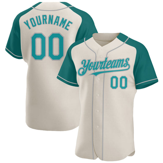 Custom Cream Teal-Gray Authentic Raglan Sleeves Baseball Jersey - Main View