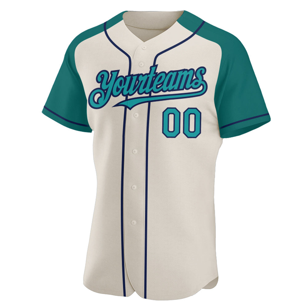 Custom Cream Teal-Navy Authentic Raglan Sleeves Baseball Jersey view 2