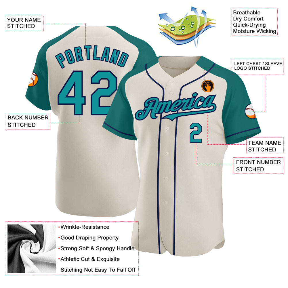 Custom Cream Teal-Navy Authentic Raglan Sleeves Baseball Jersey view 3