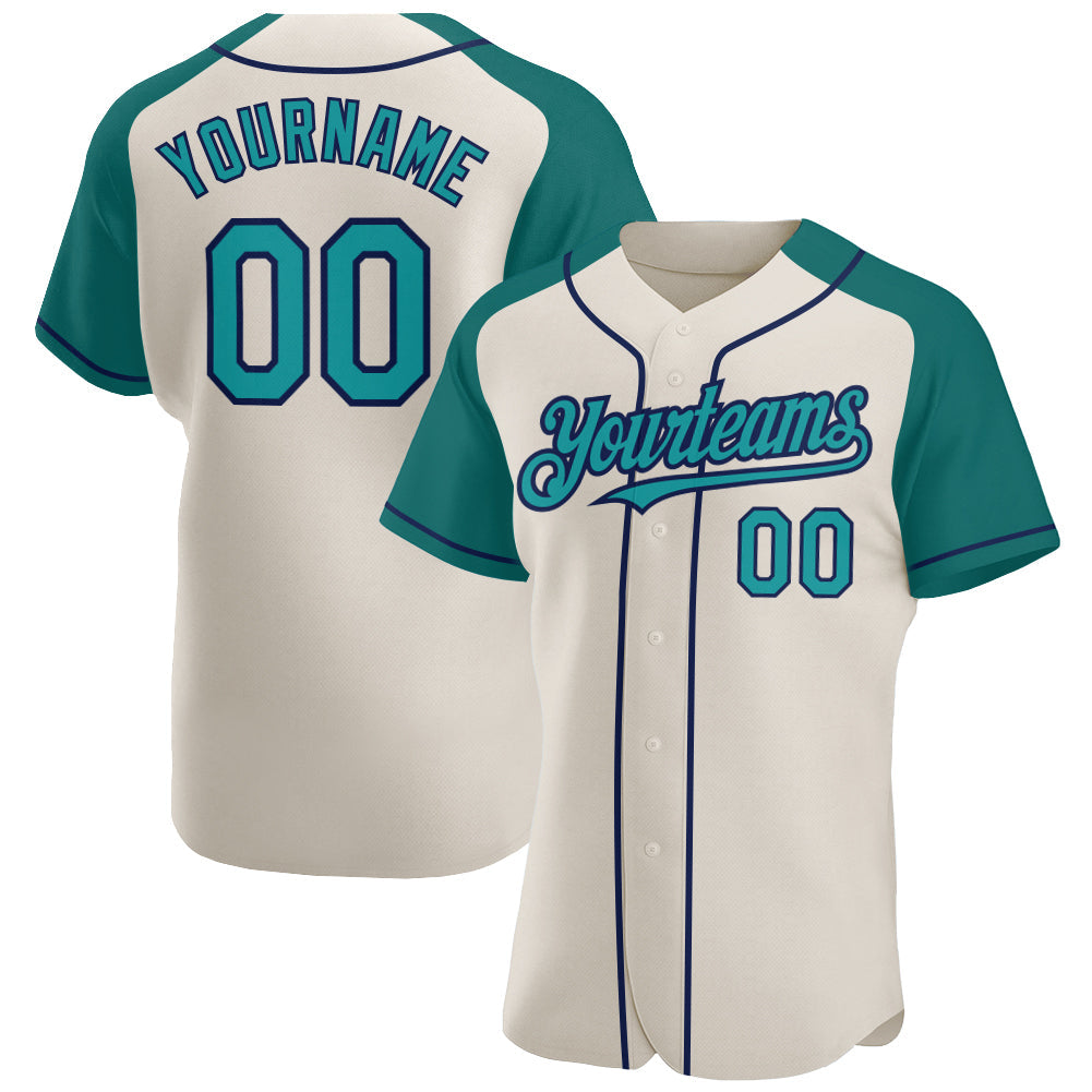 Custom Cream Teal-Navy Authentic Raglan Sleeves Baseball Jersey - Main View