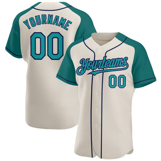 Custom Cream Teal-Navy Authentic Raglan Sleeves Baseball Jersey - Main View
