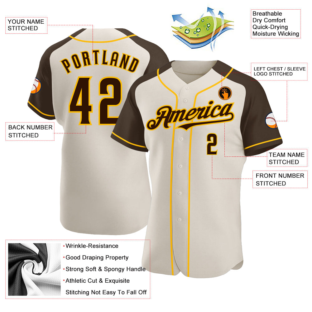 Custom Cream Brown-Gold Authentic Raglan Sleeves Baseball Jersey view 3