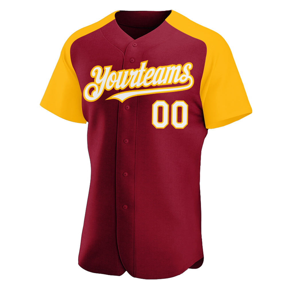 Custom Crimson White-Gold Authentic Raglan Sleeves Baseball Jersey view 2