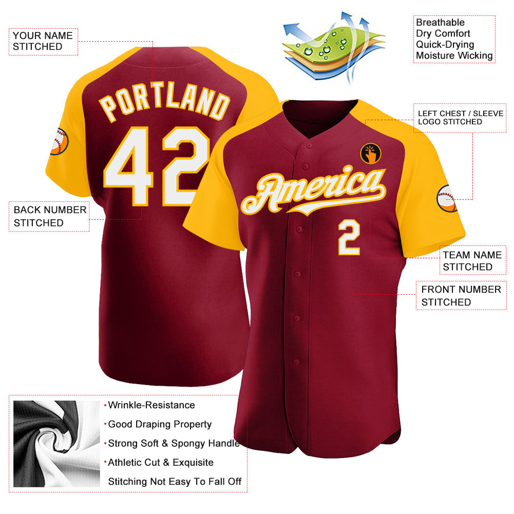Custom Crimson White-Gold Authentic Raglan Sleeves Baseball Jersey view 3