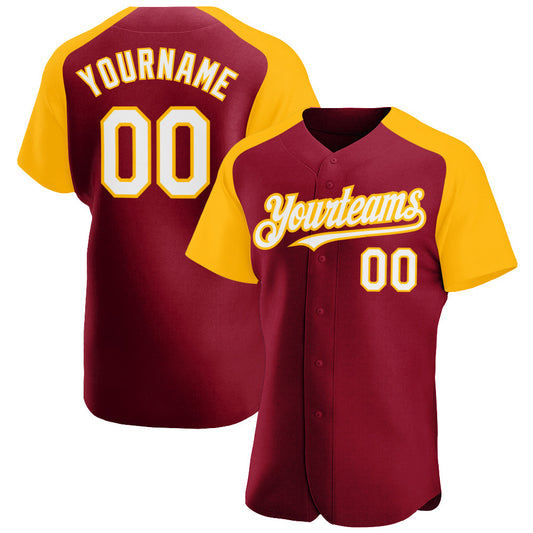 Custom Crimson White-Gold Authentic Raglan Sleeves Baseball Jersey - Main View