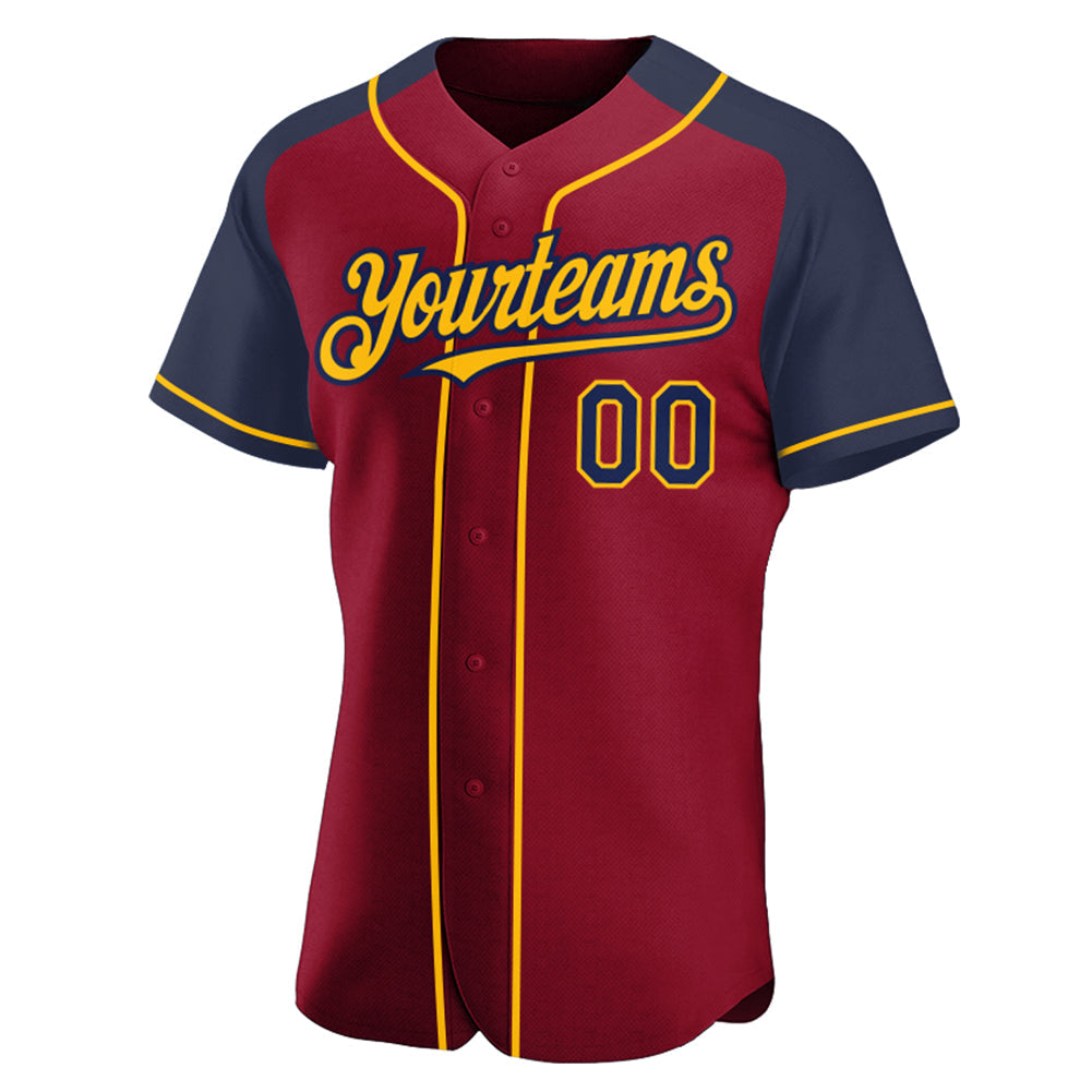 Custom Crimson Navy-Gold Authentic Raglan Sleeves Baseball Jersey view 2