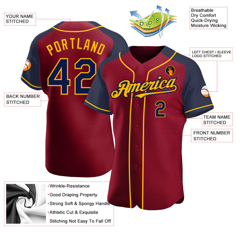 Custom Crimson Navy-Gold Authentic Raglan Sleeves Baseball Jersey view 3