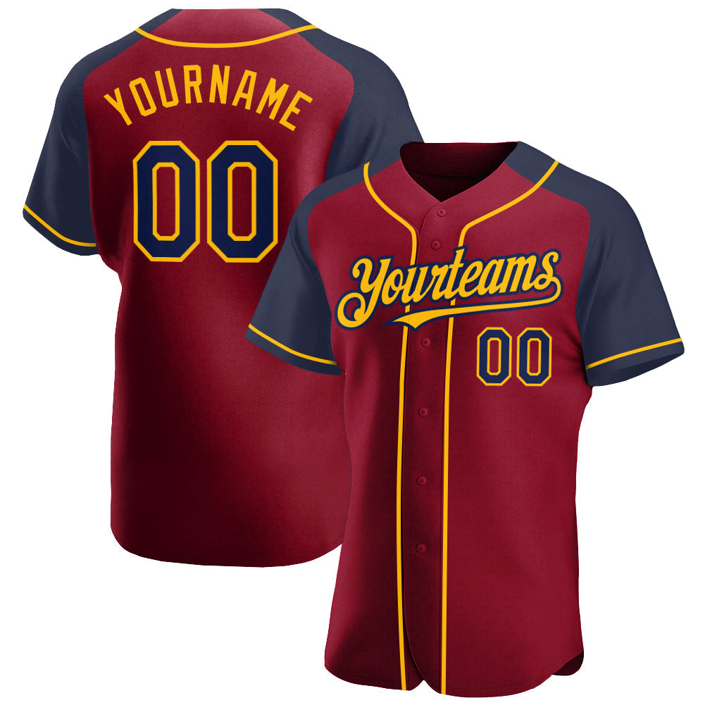 Custom Crimson Navy-Gold Authentic Raglan Sleeves Baseball Jersey - Main View