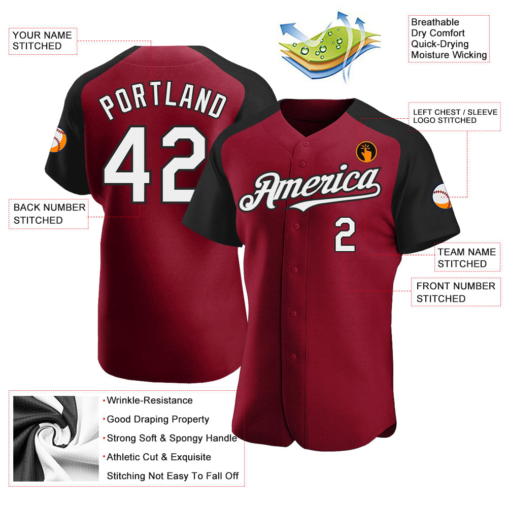 Custom Crimson White-Black Authentic Raglan Sleeves Baseball Jersey view 3