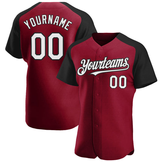 Custom Crimson White-Black Authentic Raglan Sleeves Baseball Jersey - Main View