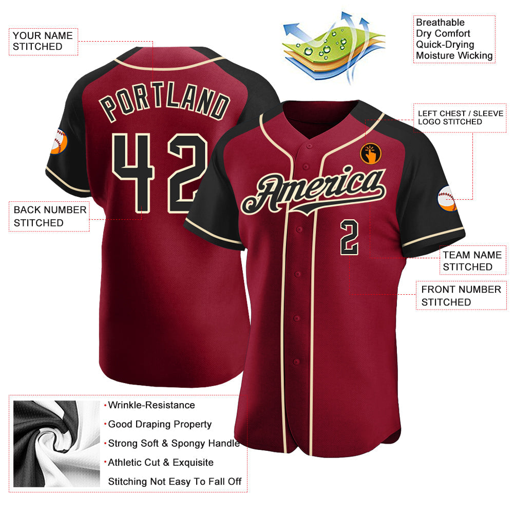 Custom Crimson Black-City Cream Authentic Raglan Sleeves Baseball Jersey view 3