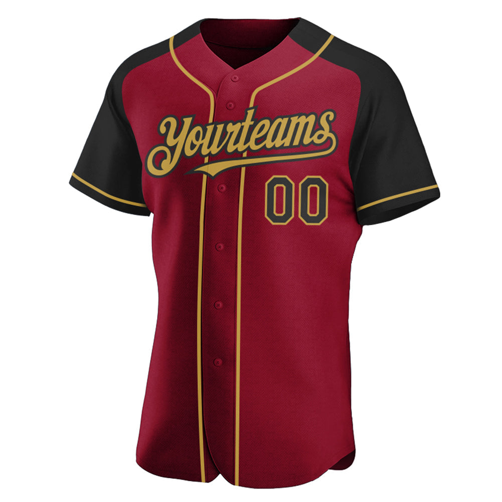Custom Crimson Black-Old Gold Authentic Raglan Sleeves Baseball Jersey view 2