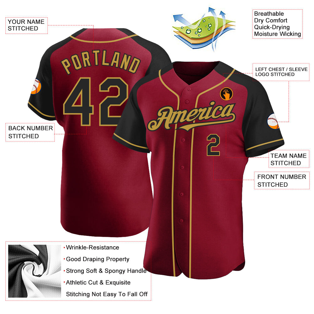 Custom Crimson Black-Old Gold Authentic Raglan Sleeves Baseball Jersey view 3