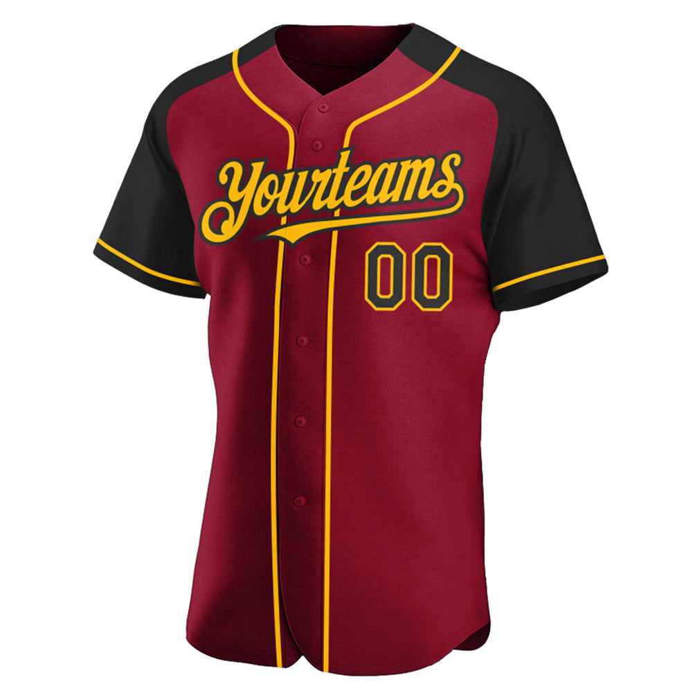 Custom Crimson Black-Gold Authentic Raglan Sleeves Baseball Jersey view 2