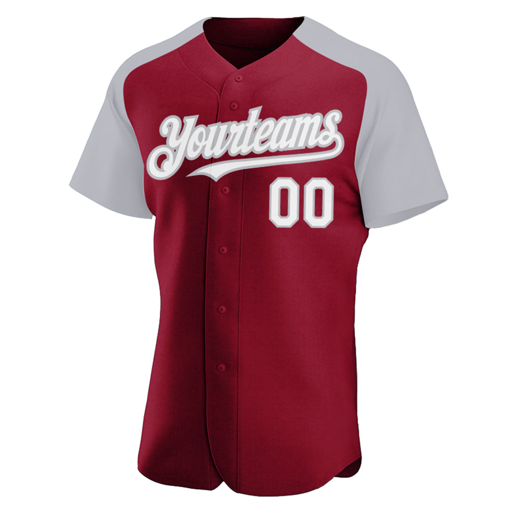 Custom Crimson White-Gray Authentic Raglan Sleeves Baseball Jersey view 2
