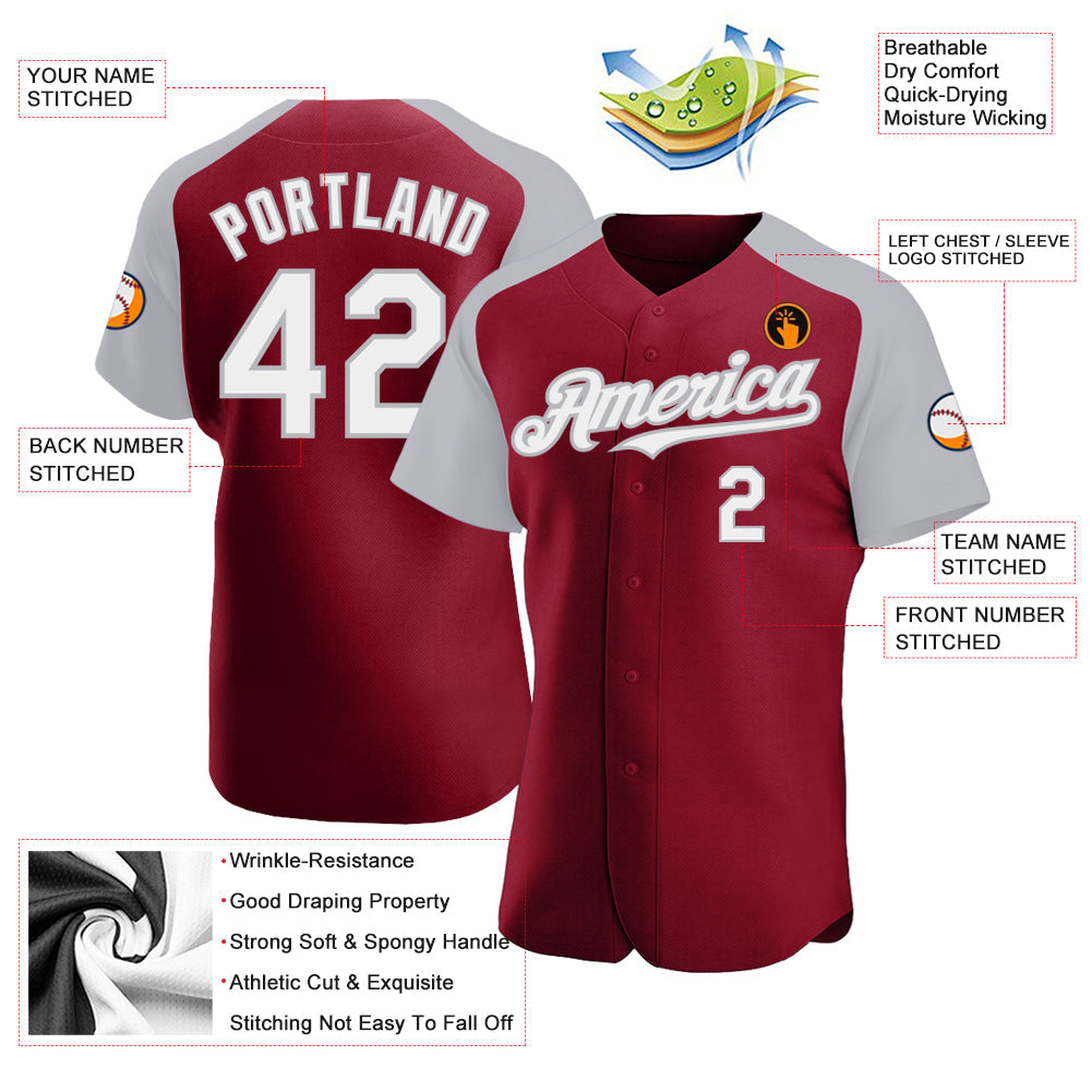 Custom Crimson White-Gray Authentic Raglan Sleeves Baseball Jersey view 3