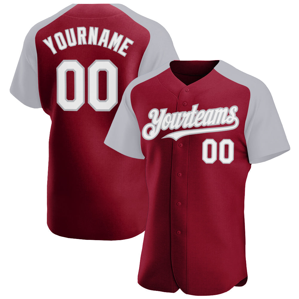 Custom Crimson White-Gray Authentic Raglan Sleeves Baseball Jersey - Main View