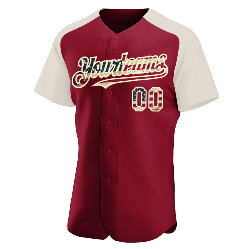 Custom Crimson Vintage USA Flag-Cream Authentic Raglan Sleeves Baseball Jersey view 2