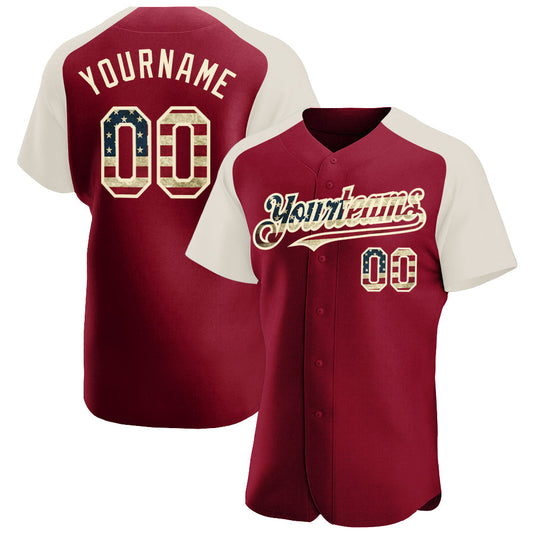 Custom Crimson Vintage USA Flag-Cream Authentic Raglan Sleeves Baseball Jersey - Main View