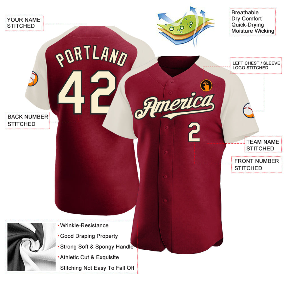 Custom Crimson Cream-Black Authentic Raglan Sleeves Baseball Jersey view 3
