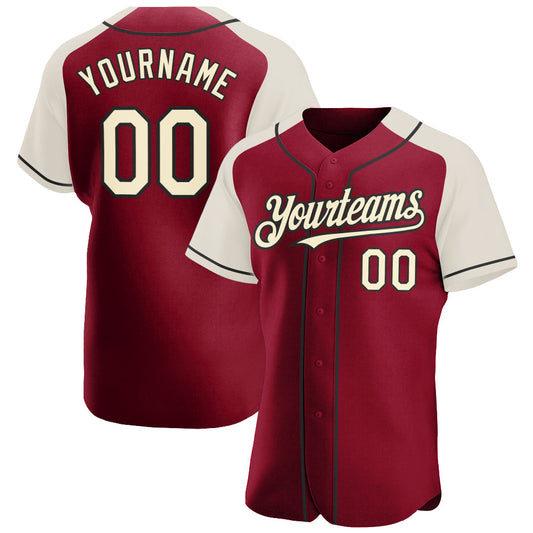 Custom Crimson Cream-Black Authentic Raglan Sleeves Baseball Jersey - Main View