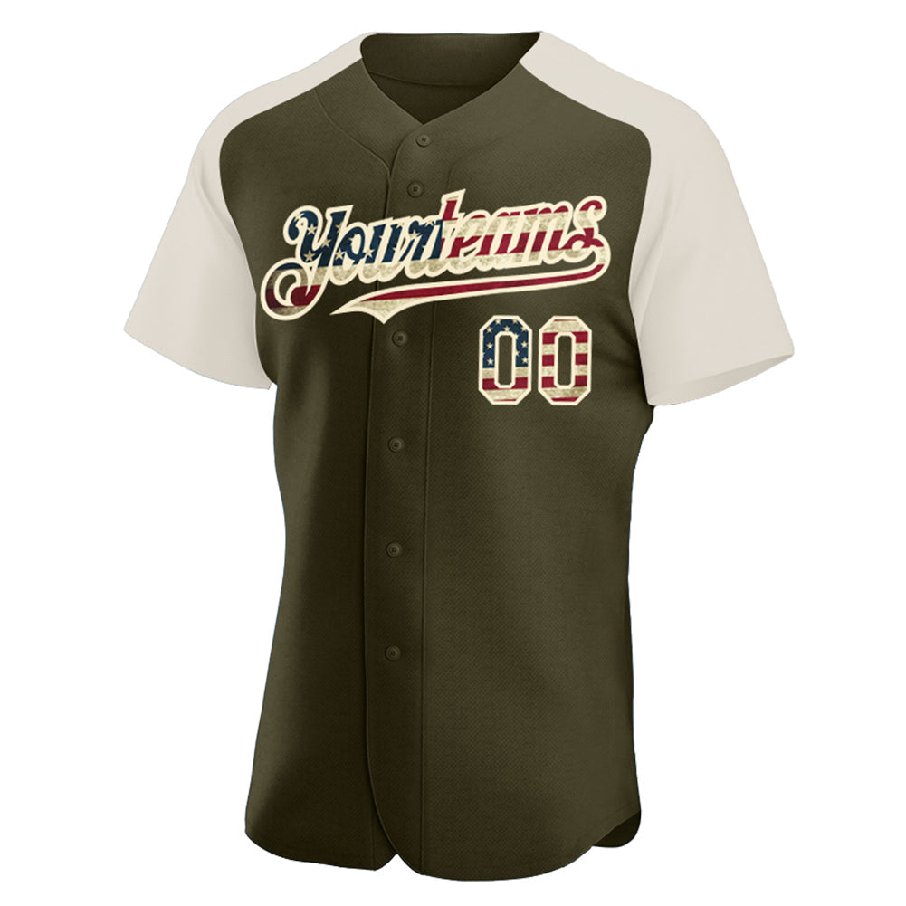 Custom Olive Vintage USA Flag-Cream Authentic Raglan Sleeves Salute To Service Baseball Jersey view 2