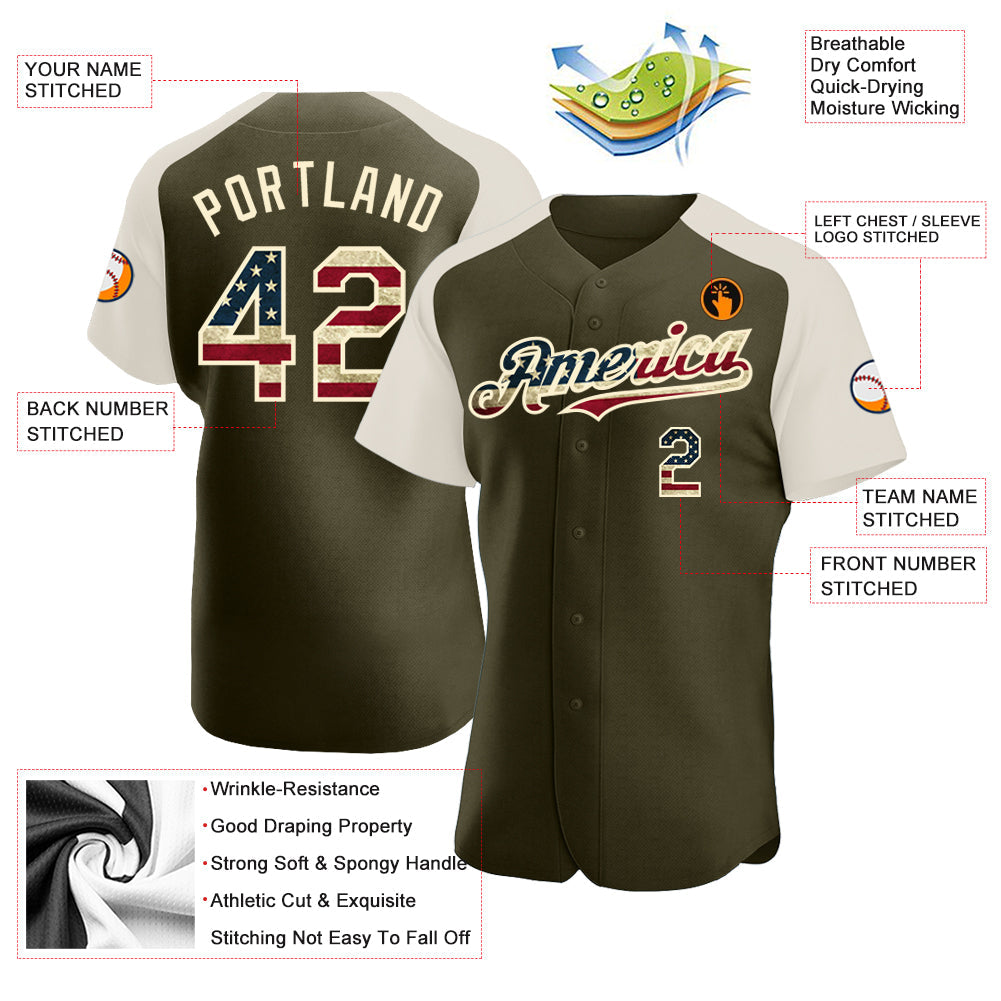 Custom Olive Vintage USA Flag-Cream Authentic Raglan Sleeves Salute To Service Baseball Jersey view 3