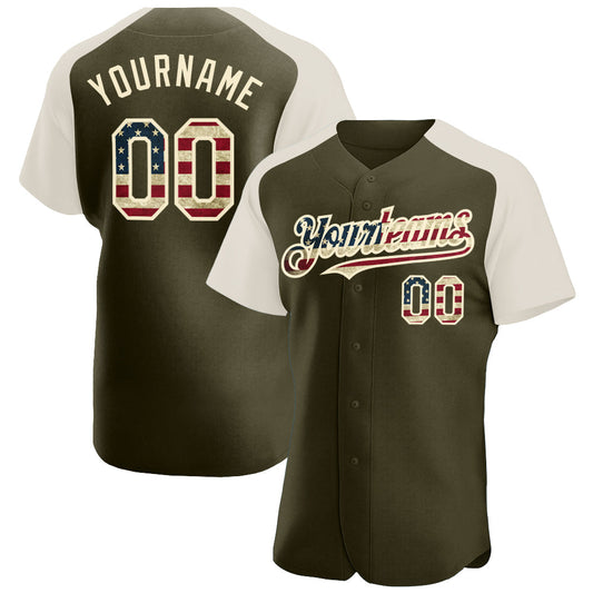 Custom Olive Vintage USA Flag-Cream Authentic Raglan Sleeves Salute To Service Baseball Jersey - Main View