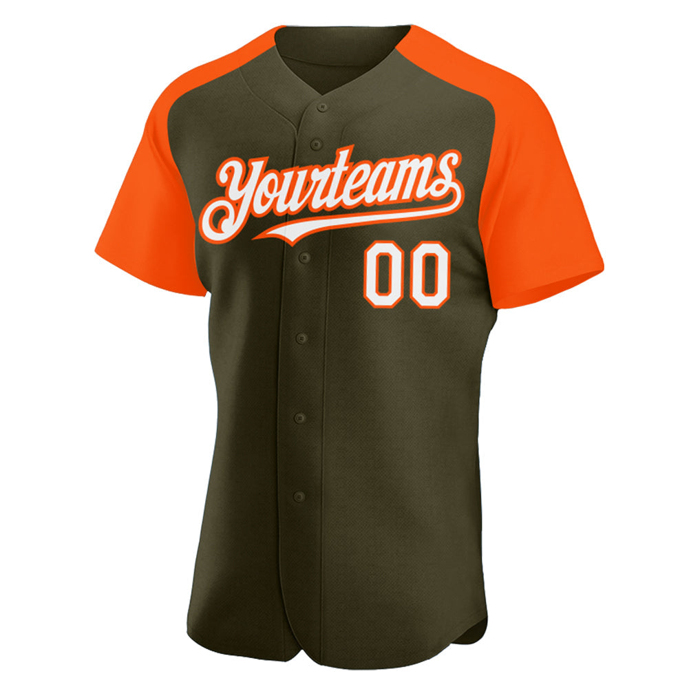 Custom Olive White-Orange Authentic Raglan Sleeves Salute To Service Baseball Jersey view 2